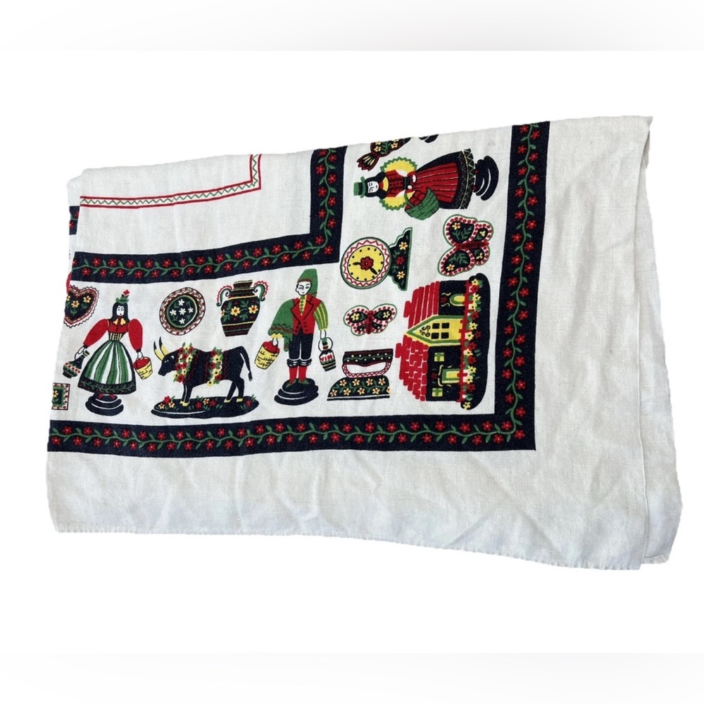 Vintage Rectangular Pennsylvania Dutch Folk Art Tablecloth 48”w x 64”L Farm Boho